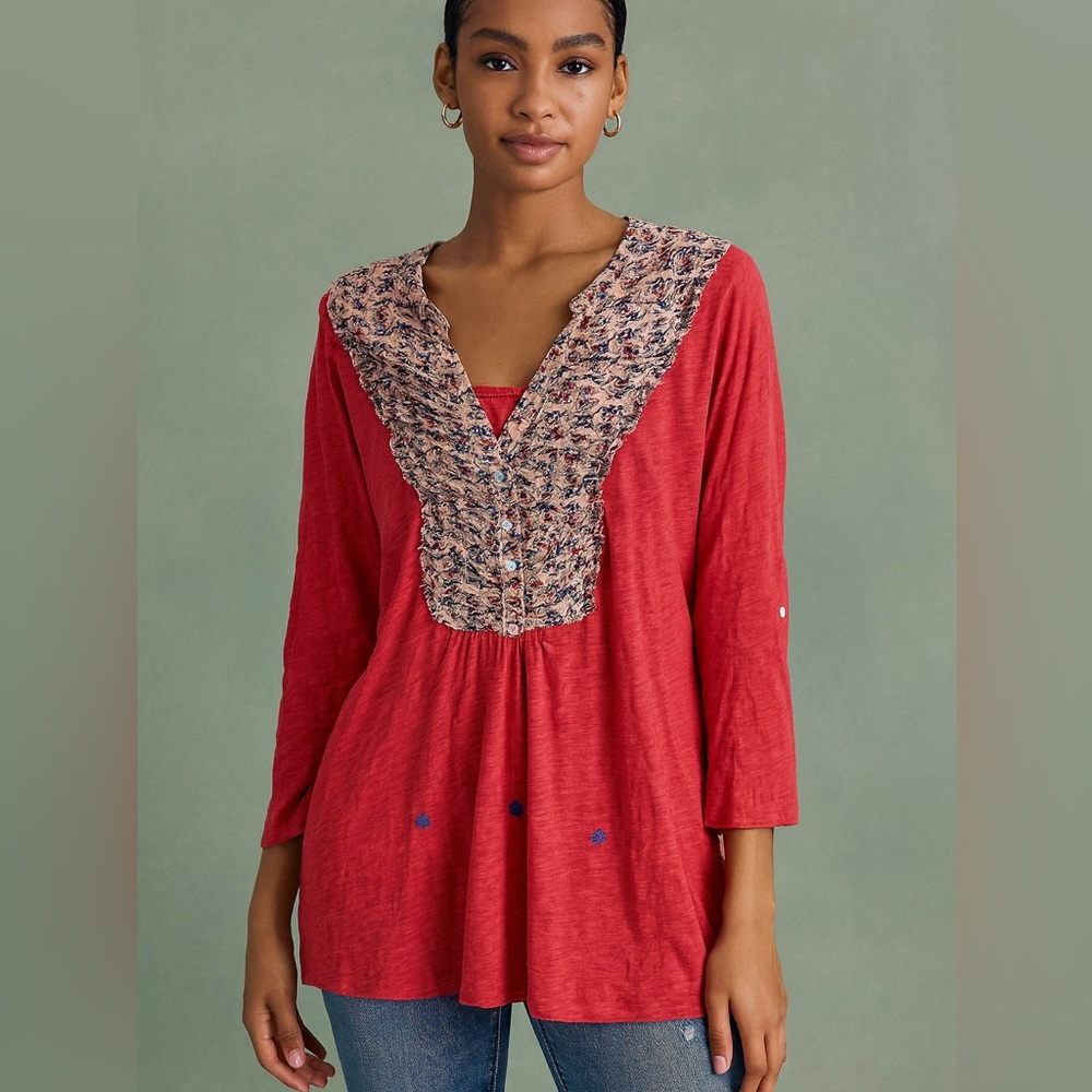 Anthropologie Deletta Floral Ruffle Knit Top – Size M
